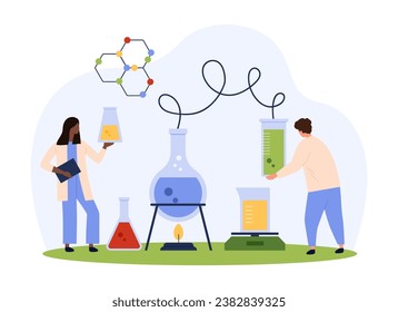 Chemical research in laboratory vector illustration. Cartoon tiny people boiling liquid in flasks on burner, scientists research chemical reaction of samples in glass test tubes to study chemistry