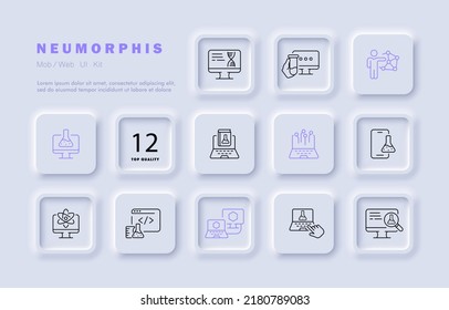 Symbol für chemische Forschung Natürliche, Kolben, Reagenzglas, Computer, DNA Molekül, Buch, Wissenschaftler, neuronales Netzwerk, Telefon, Atom, Lupe. Wissenschaftskonzept. Neomorphismus. Vektorliniensymbol für Business.