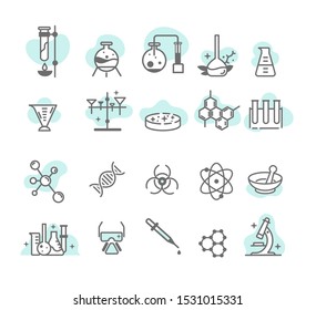 Chemical research vector linear icon set.Scientific laboratory test analysis pack.Chemistry biotechnology design.Molecules.Formula microscope medical.Flask,reaction tube.Toxic radiation.Biology line.