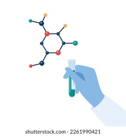 Chemical Researcher's hand in a rubber glove holding test tube with some substance. Molecule of organic substance. Laboratory research. Vector illustration