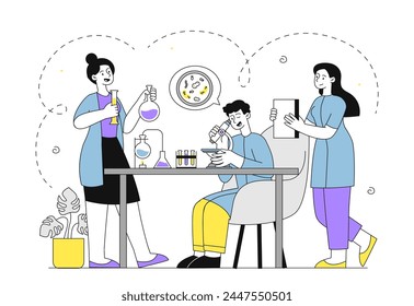 Investigadores químicos simples. Hombres y mujeres en uniforme médico con equipo de laboratorio. Estetoscopio y matraces con reactivos. Experimento científico en laboratorio. Ilustración vectorial lineal plana