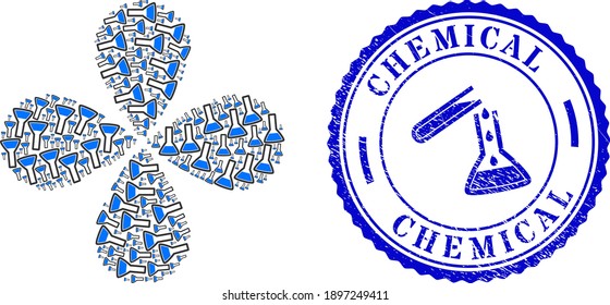 Chemical retort rotation spin, and blue round CHEMICAL dirty badge with icon inside. Element flower with 4 petals created from oriented chemical retort items. Vector flower collage in flat style.