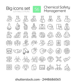 Conjunto de iconos lineales de gestión de seguridad química. Impacto ambiental. Procesos químicos, materiales tóxicos. Símbolos de línea fina personalizables. Ilustraciones de contorno de Vector aisladas. Trazo editable