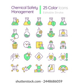 Chemical safety management RGB color icons set. Laboratory control. Toxic substances, safety regulations. Isolated vector illustrations. Simple filled line drawings collection. Editable stroke