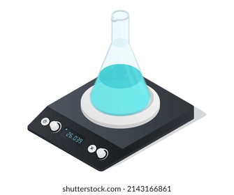 Chemical scales concept. Medical things for analyzing composition of liquid, weighing flask with solutions. Substances and reagents for scientific experiments. Cartoon isometric vector illustration