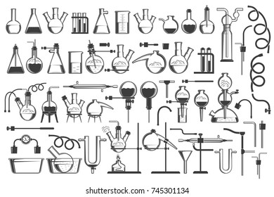 Chemical science design elements great set - equipment, flasks, retorts, containers, racks, hoses and so on.