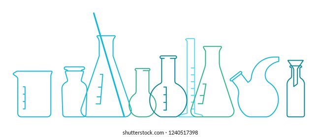 Chemical Science Equipment glassware. Glass empty beakers,flasks,test tubes, bottles.