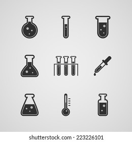 Chemical science lab equipment - test tubes icons. Different shapes. Isolated on gray background. Vector illustration, eps 10.