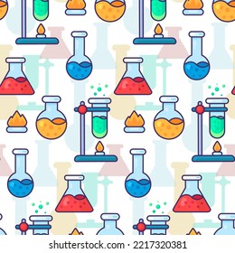 Chemical science lab tool seamless pattern vector. Laboratory flask on burning flame preparing chemistry liquid and researching test. Developing and researchment flat cartoon illustration