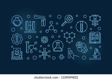 Chemical Science vector concept blue horizontal illustration. Vector Chemistry banner in thin line style on dark background