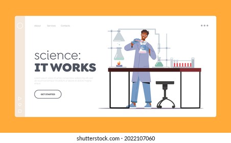 Chemical Scientific Research Landing Page Template. Man Chemist Scientist Holding Beaker Conducting Chemical Experiment in Lab. Male Character Researcher in Laboratory. Cartoon Vector Illustration