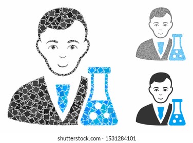 Chemical scientist composition of humpy parts in various sizes and shades, based on chemical scientist icon. Vector joggly parts are composed into collage.