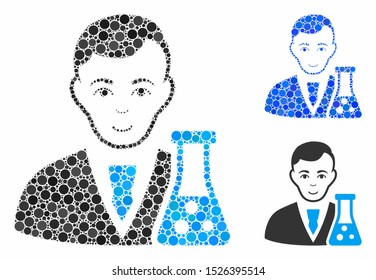Chemical scientist composition for chemical scientist icon of round dots in different sizes and color hues. Vector round dots are combined into blue collage.