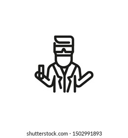 Chemical scientist line icon. Bearded chemist man in white coat and goggles or mask holding test tube. Scientists concept. Vector illustration can be used for topics like chemistry lab research.