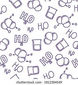 Chemical seamless pattern with H2O. Different representations of water. Molecule, liquid and chemical formula of water. Hand drawn pattern for backgrounds and prints. Doodle vector illustration