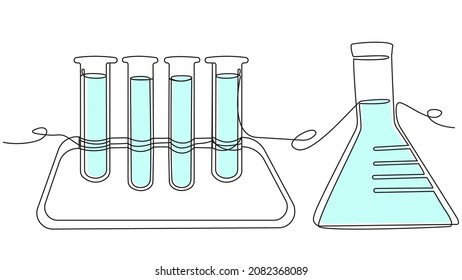 Chemical set with test tubes and flask in one line on a white background. Blue liquid in glass reagents. The concept of chemical experiments, laboratory classroom activities.