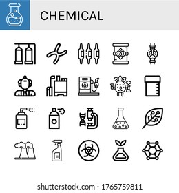 chemical simple icons set. Contains such icons as Chemistry, Storage tank, Chromosome, Calcium, Oil tank, Valve, Scientist, Pesticide, Gas station, can be used for web, mobile and logo
