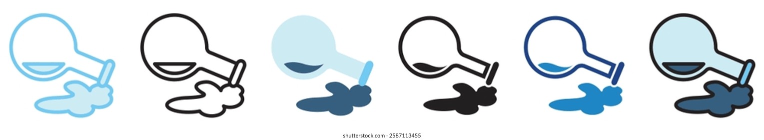 Chemical Spill multi style, mini illustration icon. outline, flat, glyph, line color, UI, UX, app and web, digital or print. For education, research, chemistry.