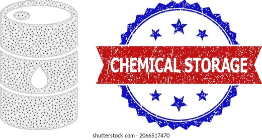 Chemical Storage rubber stamp seal, and oil barrel icon mesh structure. Red and blue bicolored seal contains Chemical Storage text inside ribbon and rosette. Abstract flat mesh oil barrel,