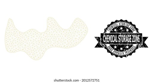Chemical Storage Zone scratched seal print and vector spot mesh model. Black seal includes Chemical Storage Zone text inside ribbon and rosette. Abstract flat mesh spot, built from flat mesh.