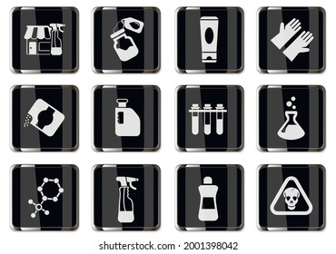Chemical store pictograms in black chrome buttons. vector icon set for user interface design