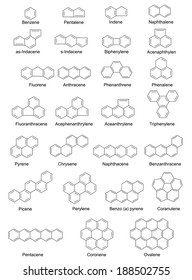 Chemical structural formulas of polycyclic aromatic hydrocarbons, 2d illustration, vector, isolated on white background