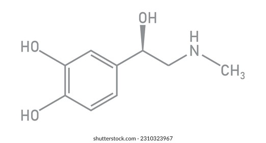 Chemical structure of Adrenaline or epinephrine (C9H13NO3). Chemical resources for teachers and students. Vector illustration isolated on white background.