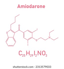 Chemical structure of Amiodarone (C25H29I2NO3). Chemical resources for teachers and students. Vector illustration isolated on white background.