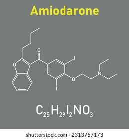 Chemical structure of Amiodarone (C25H29I2NO3). Chemical resources for teachers and students. Vector illustration isolated on white background.