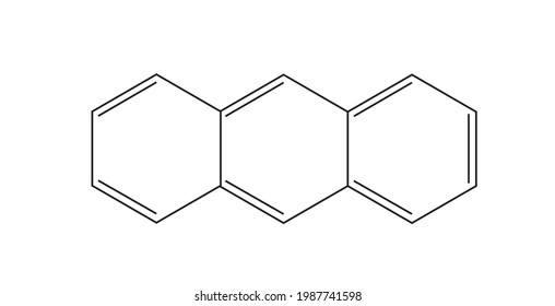 Chemical structure of Anthracene molecule with Aromatic benzene rings, solid polycyclic aromatic hydrocarbon (PAH) of formula C14H10, consisting three fused benzene rings, main component of coal tar