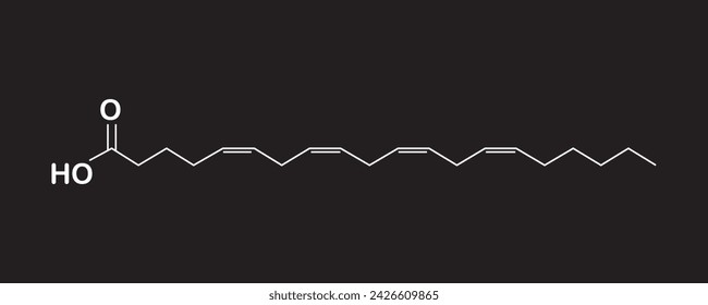 The chemical structure of arachidonic acid showing linear . AA, ARA molecule. It is an unsaturated omega-6 fatty acid, a precursor to the biosynthesis of prostaglandins, thromboxane and leukotrienes. 