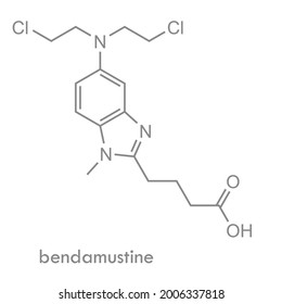 Chemical structure of bendamustine, an alkylating chemotherapy drug used to treat different types of cancer. Skeletal formula.