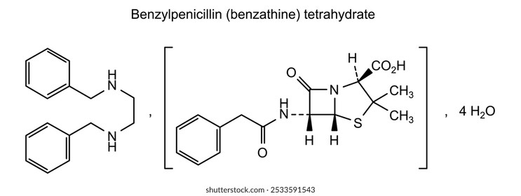 Estrutura química da benzilpenicilina (benzatina) tetra-hidratada, substância medicamentosa