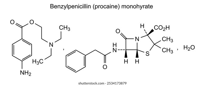 Estrutura química da benzilpenicilina (procaína) monohidratada, substância medicamentosa