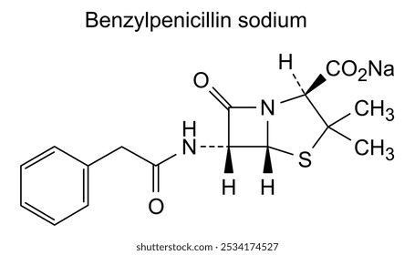 Estrutura química da benzilpenicilina sódica, substância medicamentosa