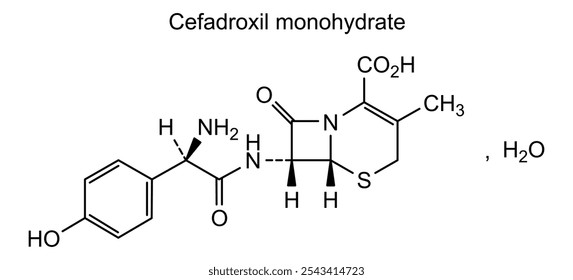 Estrutura química do cefadroxil mono-hidratado, substância medicamentosa