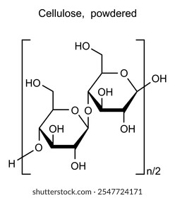Estrutura química da celulose, em pó, substância medicamentosa