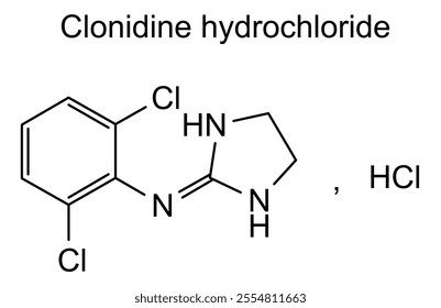 Chemical structure of clonidine hydrochloride, drug substance