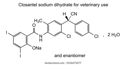 Chemical structure of closantel sodium dihydrate for veterinary use, drug substance