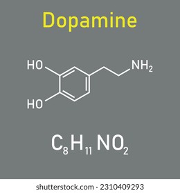 Estructura química de la dopamina (C8H11NO2). Recursos químicos para profesores y estudiantes. Ilustración vectorial aislada en fondo blanco.