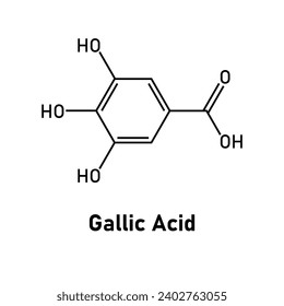 Estructura química del ácido gálico (C7H6O5). Recursos químicos para profesores y estudiantes. Ilustración vectorial.