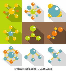 Chemical structure icons set. Flat set of 9 chemical structure vector icons for web with long shadow