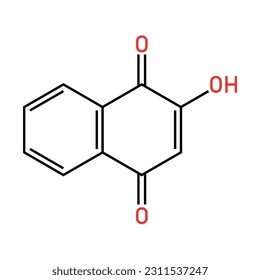Chemical structure of Lawsone (C10H6O3). Chemical resources for teachers and students. Vector illustration isolated on white background.