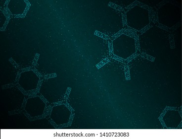 Chemical structure and lines network on green black background for medical and science abstract vector background.