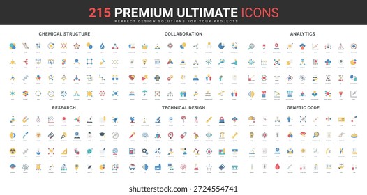Chemical structure of molecule, science research, genetics, data analytics, collaboration color icon set. Laboratory analysis and proofs, AI automation, engineering flat elements vector illustration