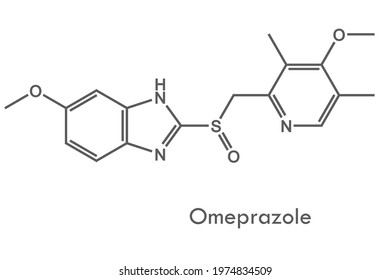 Chemical structure of omeprazole, a proton pump inhibitor. Drug used in treatment of peptic ulcer disease and GERD.