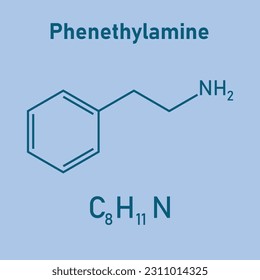 Chemical structure of Phenethylamine (C8H11N). Chemical resources for teachers and students. Vector illustration isolated on white background.