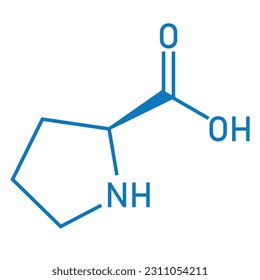 Chemical structure of proline (C5H9NO2). Chemical resources for teachers and students. Vector illustration isolated on white background.