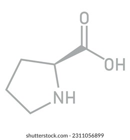 Estructura química de prolina (C5H9NO2). Recursos químicos para profesores y estudiantes. Ilustración vectorial aislada en fondo blanco.