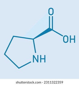 Chemical structure of proline (C5H9NO2). Chemical resources for teachers and students. Vector illustration isolated on white background.